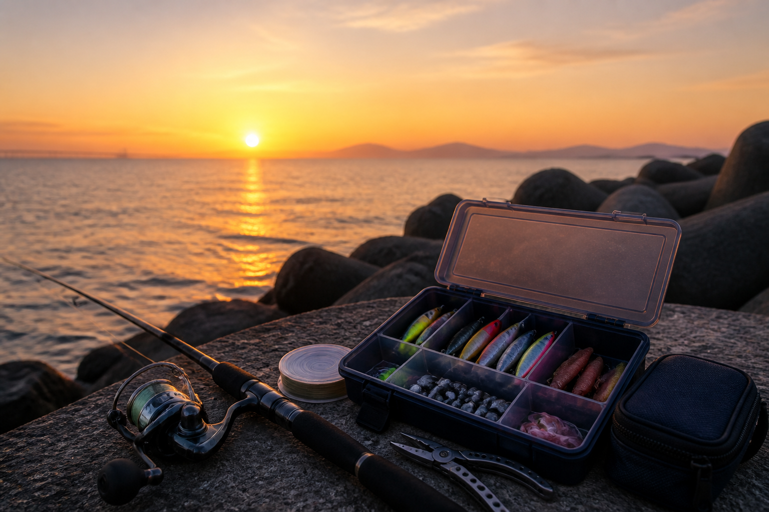 夕暮れ時の海辺と大切に整理された釣具