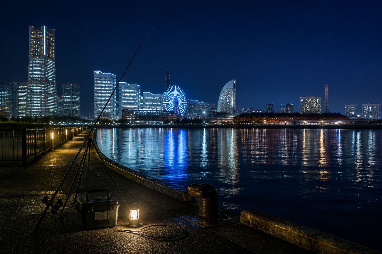 夜のみなとみらいの美しい夜景と釣行を終えた静かな水際環境
