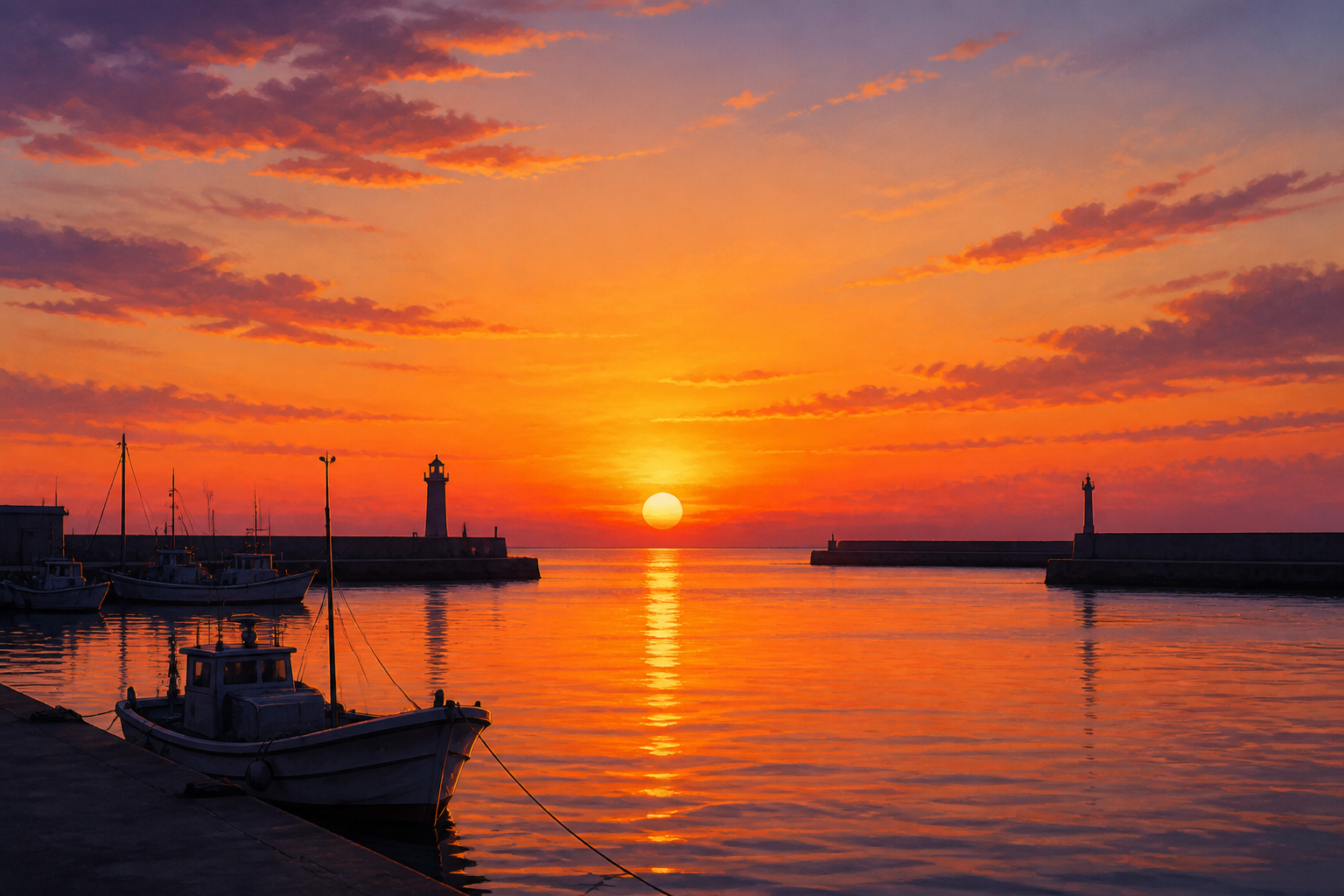 那珂湊の海に沈む美しい夕日と穏やかな港のシルエット