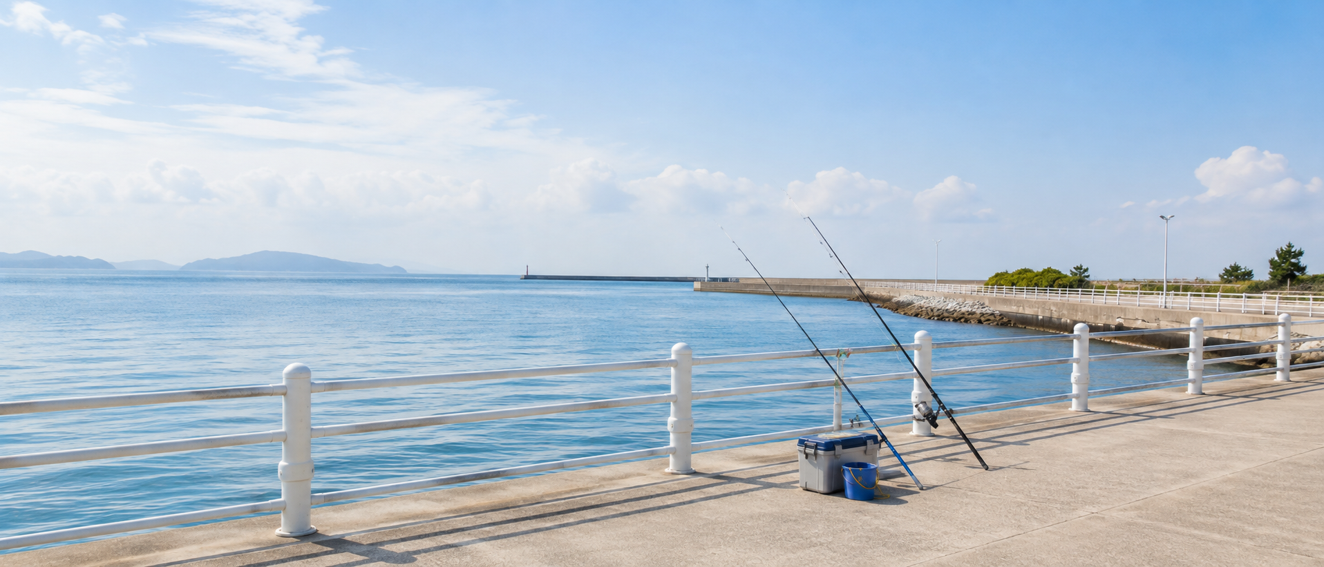 和歌山マリーナシティ海釣り公園の穏やかな海面と美しい釣り場のロケーション